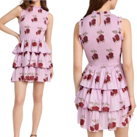 NWT ALIX OF BOHEMIA Smocked Cabana Ruby Rosette Cotton Mini Dress Pink Size S - Picture 2 of 11